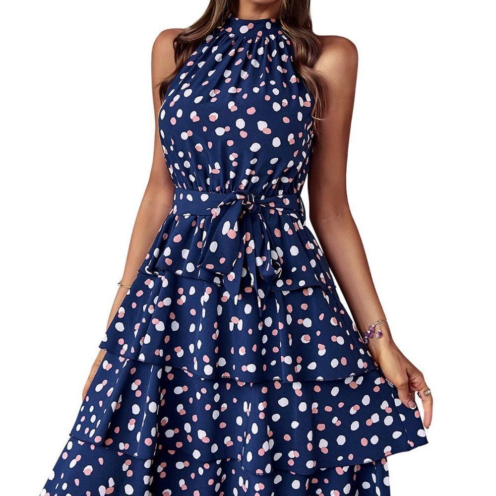 Women's Beach Summer Dresses Sleeveless Halter Neck Dress Floral Print Causal Bo